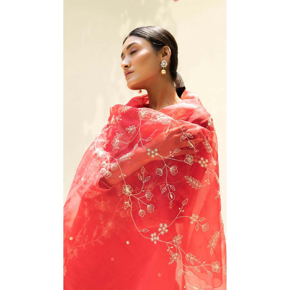 AM by Anita Mittal Red Cotton Dastak Kurta with Pant and Dupatta