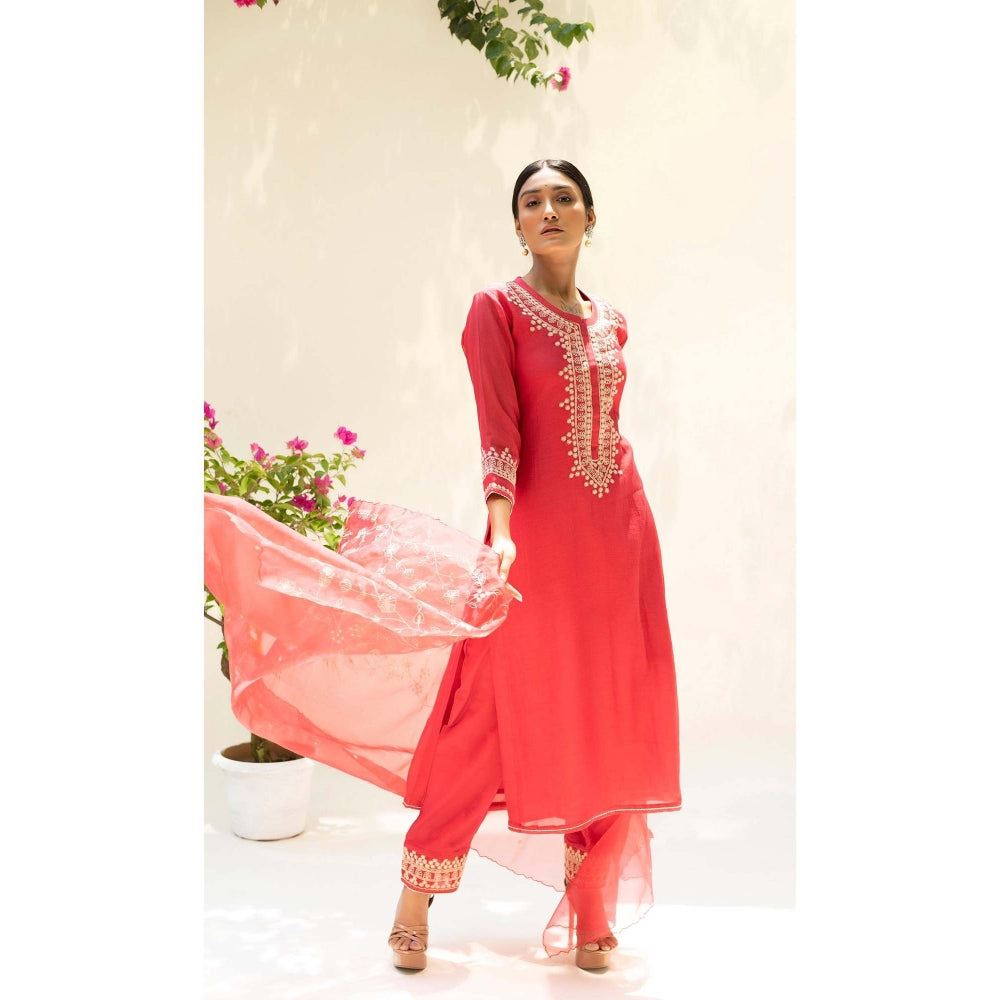 AM by Anita Mittal Red Cotton Dastak Kurta with Pant and Dupatta