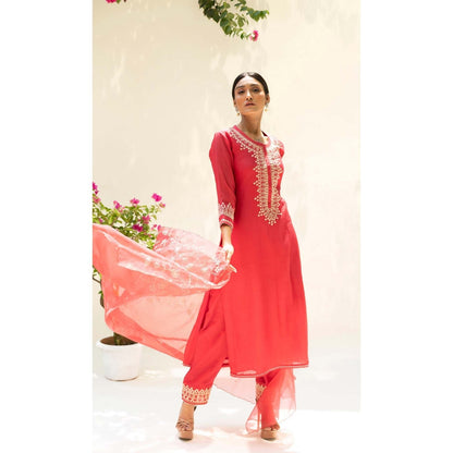 AM by Anita Mittal Red Cotton Dastak Kurta with Pant and Dupatta