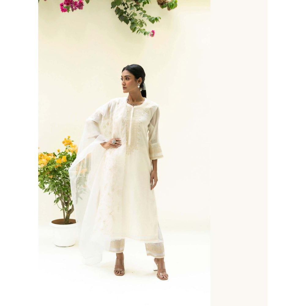AM by Anita Mittal White Cotton Dastak Kurta with Pant and Dupatta