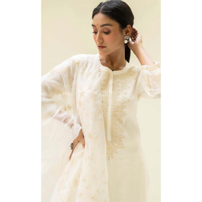 AM by Anita Mittal White Cotton Dastak Kurta with Pant and Dupatta