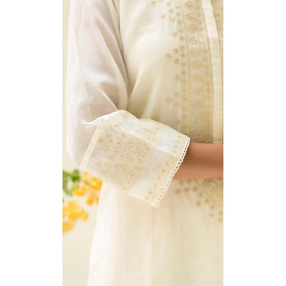 AM by Anita Mittal White Cotton Dastak Kurta with Pant and Dupatta