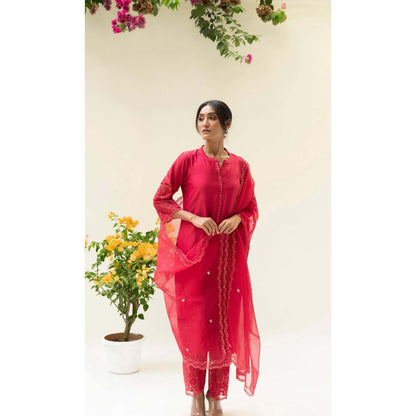 AM by Anita Mittal Red Silk Reverse Applique Kurta with Pant and Dupatta