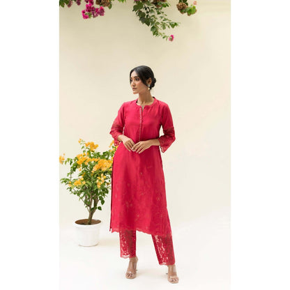AM by Anita Mittal Red Silk Reverse Applique Kurta with Pant and Dupatta