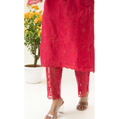 AM by Anita Mittal Red Silk Reverse Applique Kurta with Pant and Dupatta