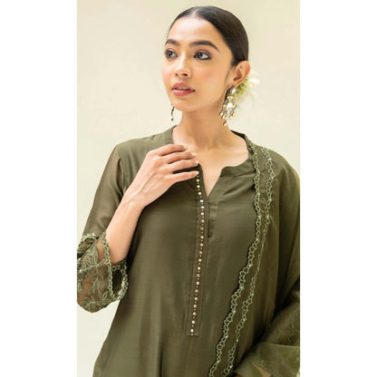 AM by Anita Mittal Green Silk Reverse Applique Kurta with Pant and Dupatta
