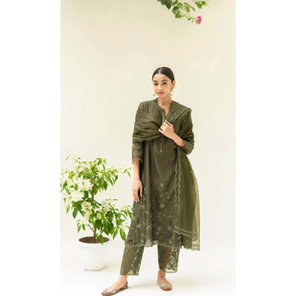 AM by Anita Mittal Green Silk Reverse Applique Kurta with Pant and Dupatta