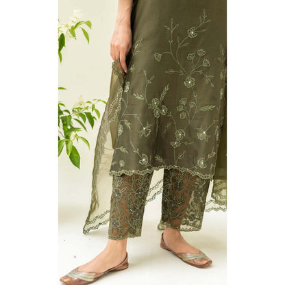 AM by Anita Mittal Green Silk Reverse Applique Kurta with Pant and Dupatta