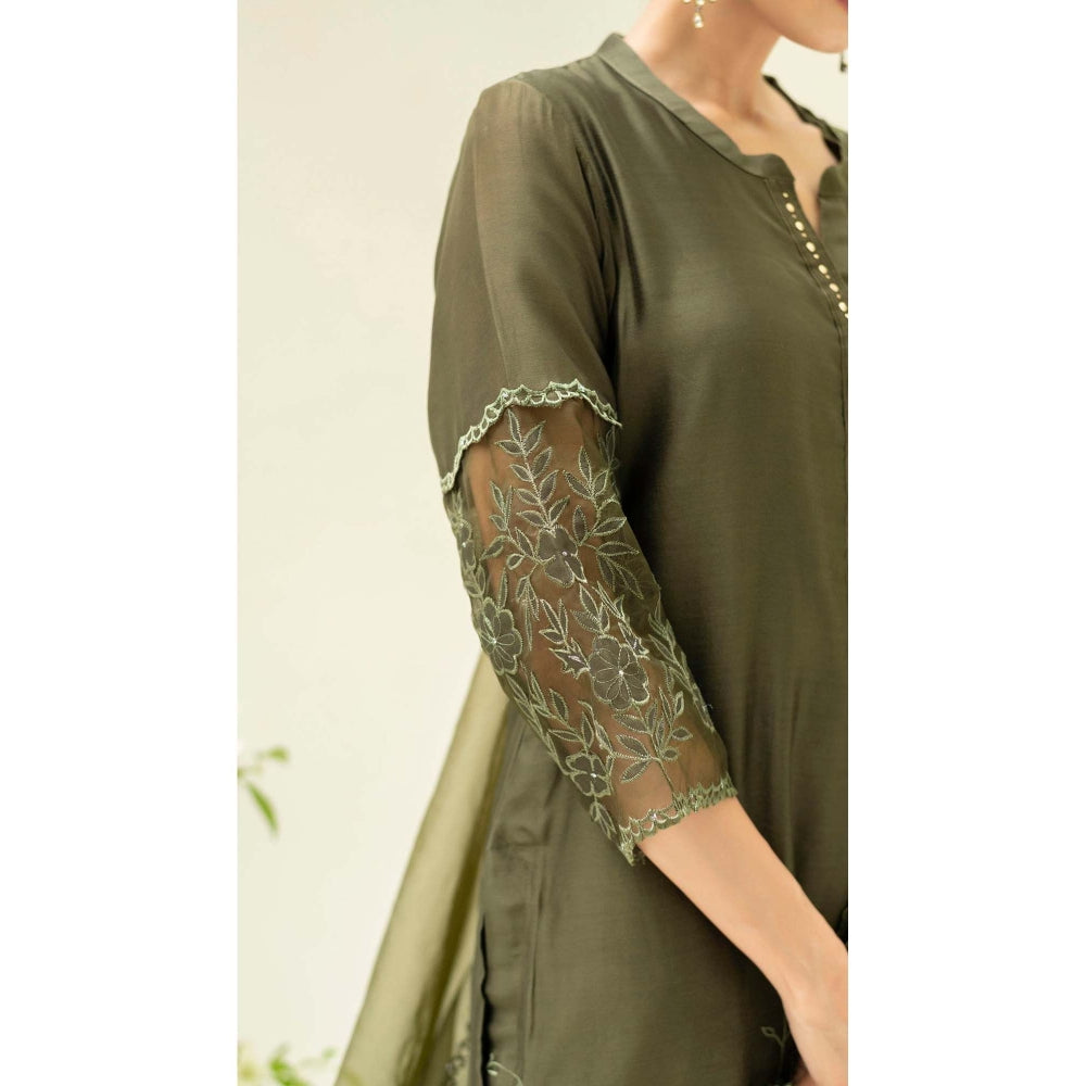 AM by Anita Mittal Green Silk Reverse Applique Kurta with Pant and Dupatta