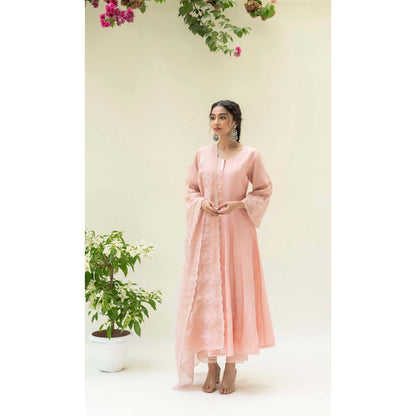 AM by Anita Mittal Pink Silk Reverse Applique Anarkali Kurta with Pant and Dupatta