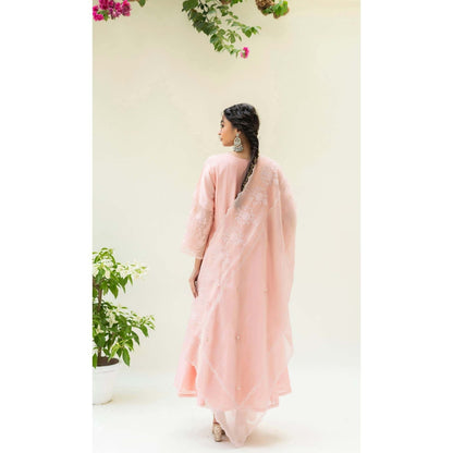 AM by Anita Mittal Pink Silk Reverse Applique Anarkali Kurta with Pant and Dupatta