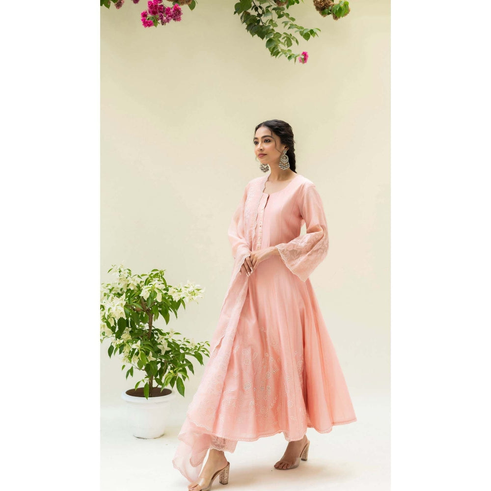 AM by Anita Mittal Pink Silk Reverse Applique Anarkali Kurta with Pant and Dupatta