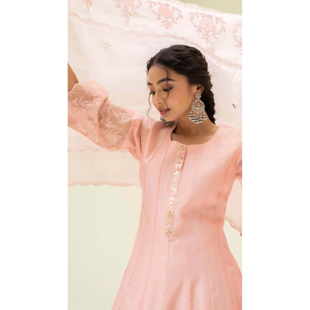 AM by Anita Mittal Pink Silk Reverse Applique Anarkali Kurta with Pant and Dupatta