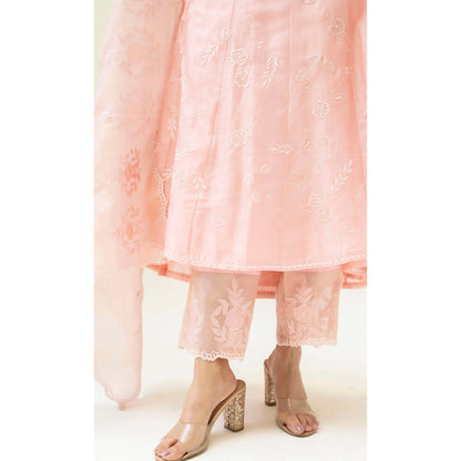 AM by Anita Mittal Pink Silk Reverse Applique Anarkali Kurta with Pant and Dupatta