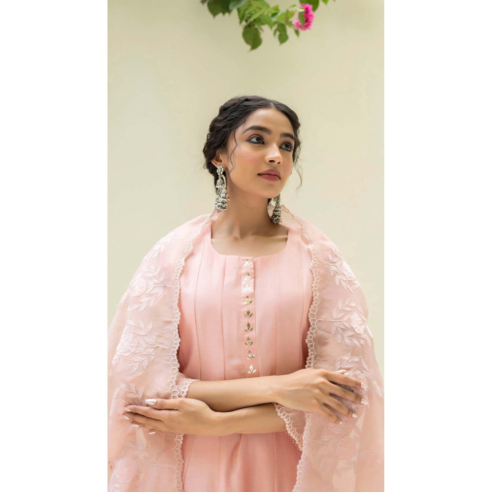 AM by Anita Mittal Pink Silk Reverse Applique Anarkali Kurta with Pant and Dupatta