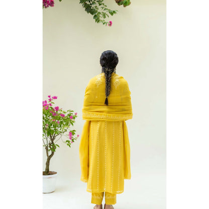 AM by Anita Mittal Yellow Mul Parchhai Kurta with Pant and Dupatta