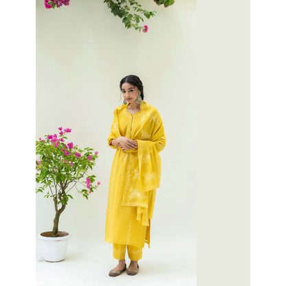 AM by Anita Mittal Yellow Mul Parchhai Kurta with Pant and Dupatta
