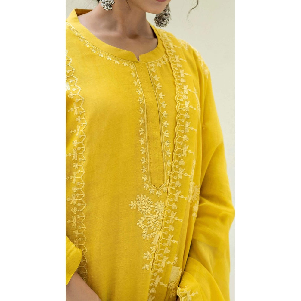 AM by Anita Mittal Yellow Mul Parchhai Kurta with Pant and Dupatta