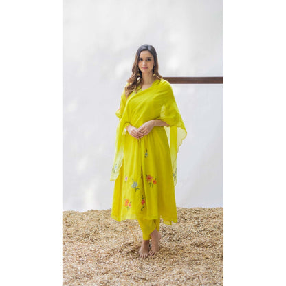 AM by Anita Mittal Yellow Chanderi Zooni Kurta with Pant and Dupatta