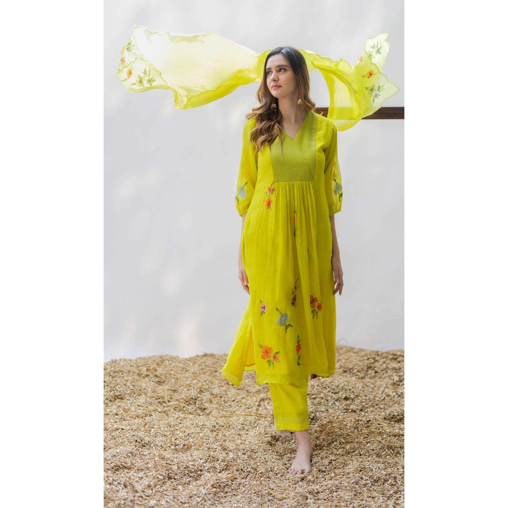 AM by Anita Mittal Yellow Chanderi Zooni Kurta with Pant and Dupatta