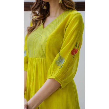 AM by Anita Mittal Yellow Chanderi Zooni Kurta with Pant and Dupatta
