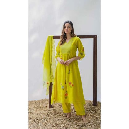 AM by Anita Mittal Yellow Chanderi Zooni Kurta with Pant and Dupatta