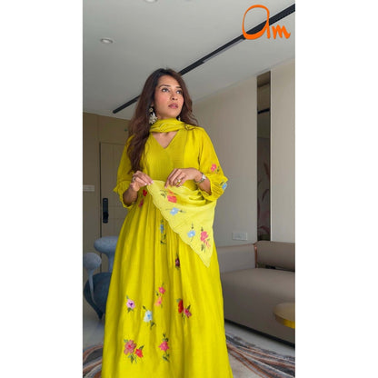 AM by Anita Mittal Yellow Chanderi Zooni Kurta with Pant and Dupatta