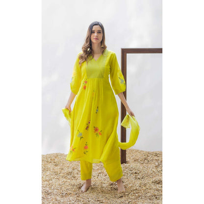 AM by Anita Mittal Yellow Chanderi Zooni Kurta with Pant and Dupatta