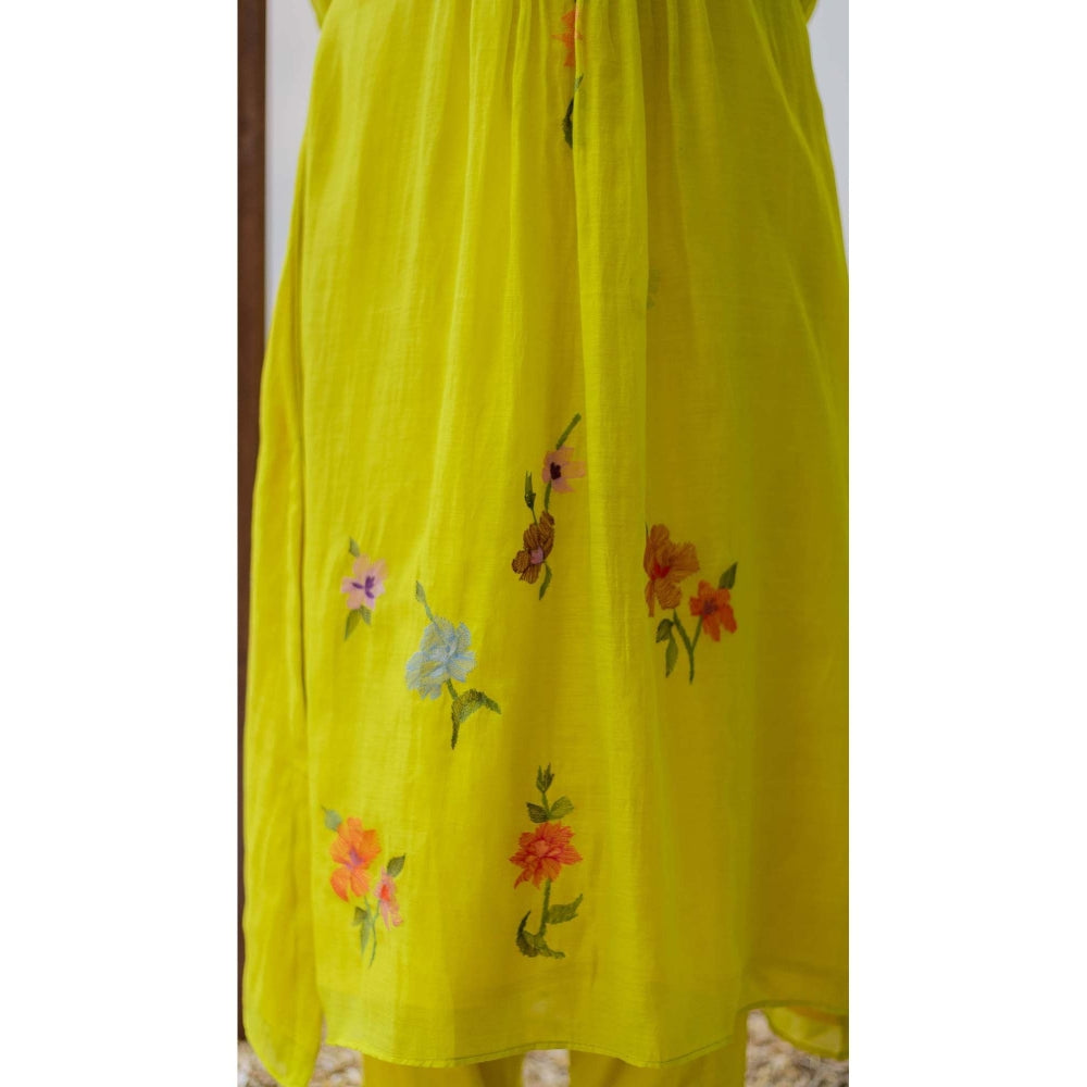 AM by Anita Mittal Yellow Chanderi Zooni Kurta with Pant and Dupatta