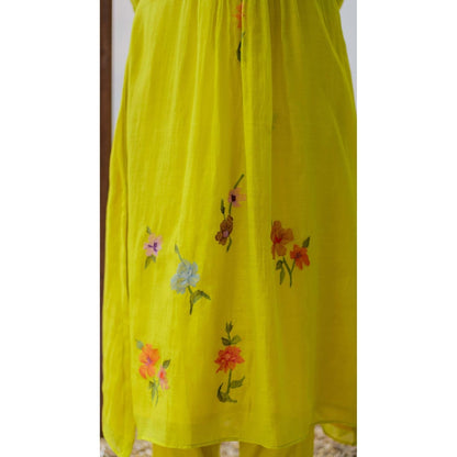 AM by Anita Mittal Yellow Chanderi Zooni Kurta with Pant and Dupatta