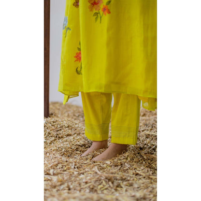 AM by Anita Mittal Yellow Chanderi Zooni Kurta with Pant and Dupatta