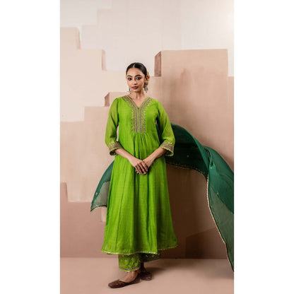 AM by Anita Mittal Green Cotton Sunehri A-Line Anarkali Kurta with Pant and Dupatta