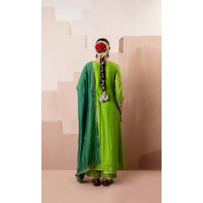 AM by Anita Mittal Green Cotton Sunehri A-Line Anarkali Kurta with Pant and Dupatta