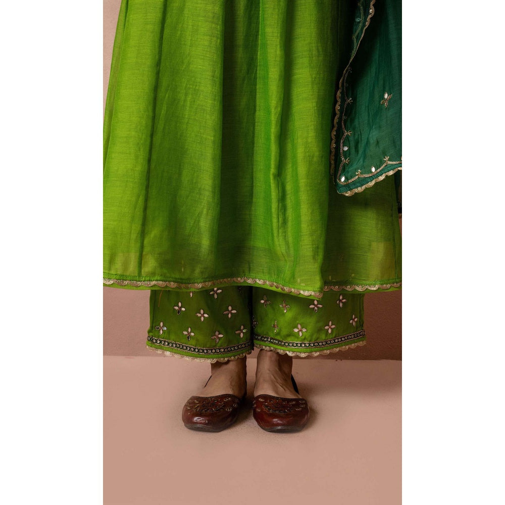 AM by Anita Mittal Green Cotton Sunehri A-Line Anarkali Kurta with Pant and Dupatta