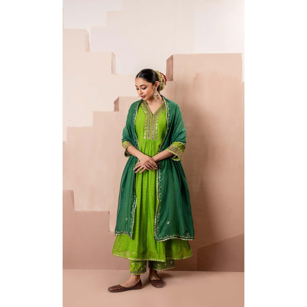 AM by Anita Mittal Green Cotton Sunehri A-Line Anarkali Kurta with Pant and Dupatta