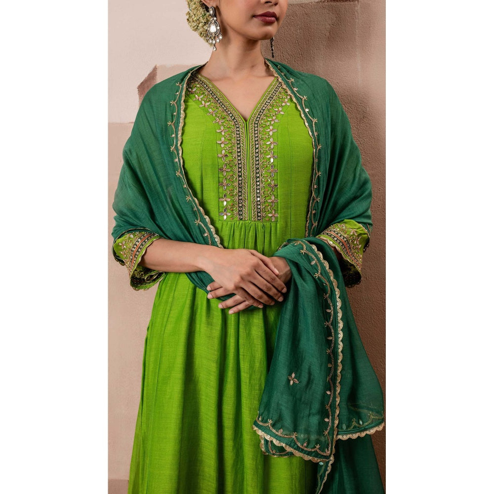 AM by Anita Mittal Green Cotton Sunehri A-Line Anarkali Kurta with Pant and Dupatta