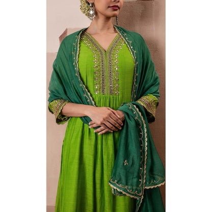 AM by Anita Mittal Green Cotton Sunehri A-Line Anarkali Kurta with Pant and Dupatta