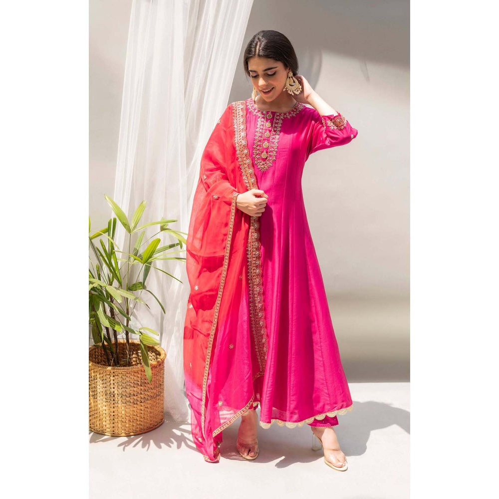 AM by Anita Mittal Pink Dahliya Anarkali Kurta with Pant and Dupatta