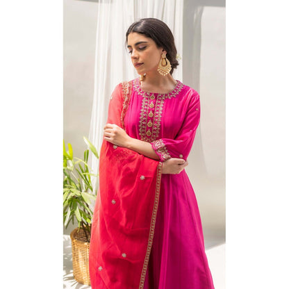 AM by Anita Mittal Pink Dahliya Anarkali Kurta with Pant and Dupatta