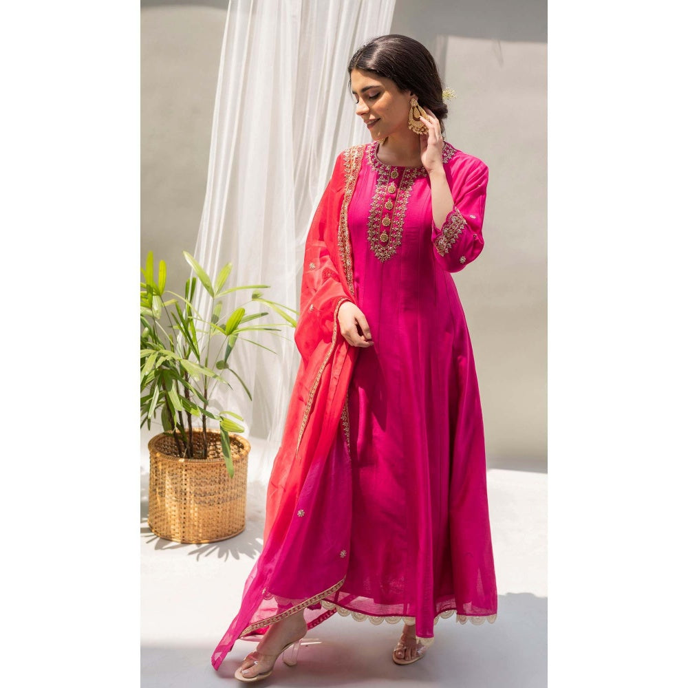 AM by Anita Mittal Pink Dahliya Anarkali Kurta with Pant and Dupatta