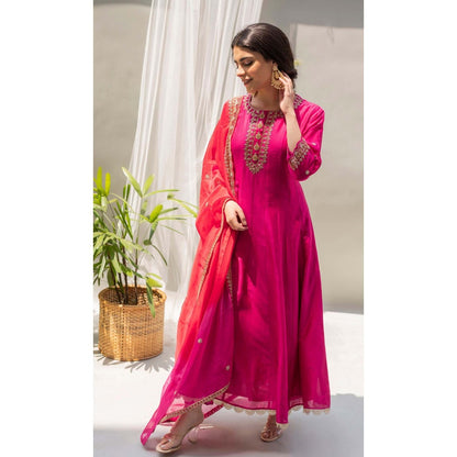 AM by Anita Mittal Pink Dahliya Anarkali Kurta with Pant and Dupatta