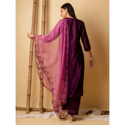 AM by Anita Mittal Wine Leaf Applique Kurta with Pant and Dupatta