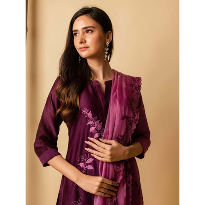 AM by Anita Mittal Wine Leaf Applique Kurta with Pant and Dupatta