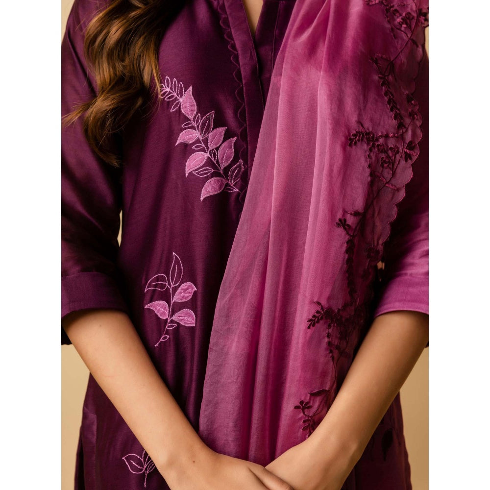 AM by Anita Mittal Wine Leaf Applique Kurta with Pant and Dupatta