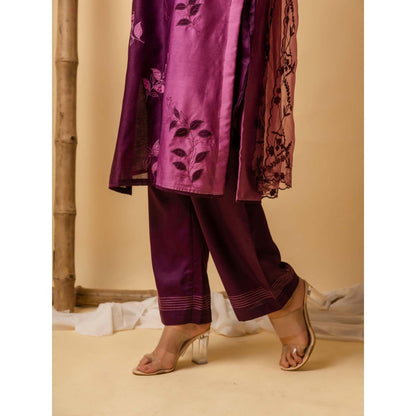 AM by Anita Mittal Wine Leaf Applique Kurta with Pant and Dupatta