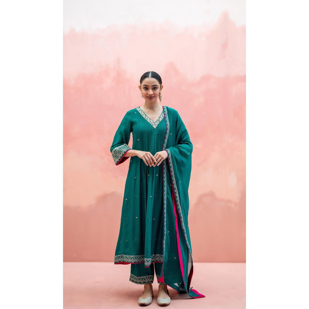 AM by Anita Mittal Sitara A-Line Green Kurta with Pant and Dupatta