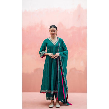 AM by Anita Mittal Sitara A-Line Green Kurta with Pant and Dupatta