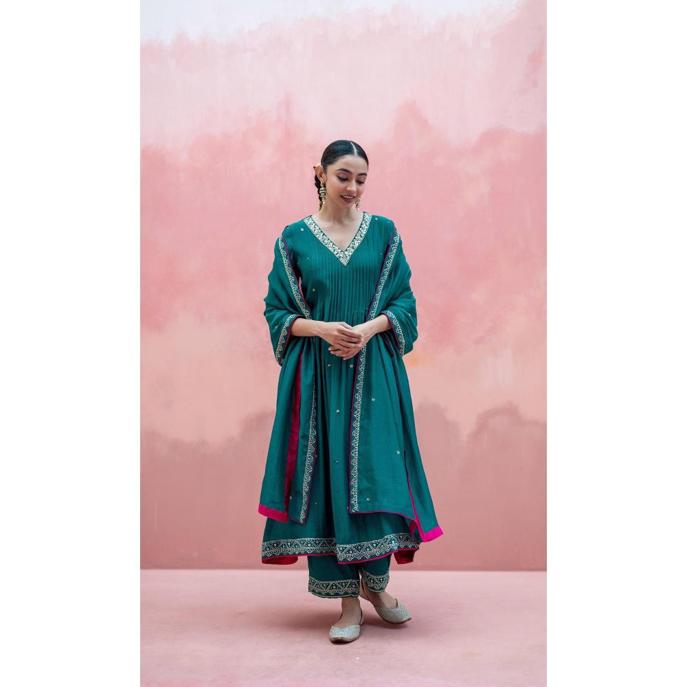 AM by Anita Mittal Sitara A-Line Green Kurta with Pant and Dupatta