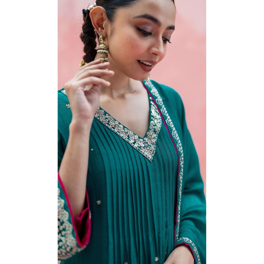 AM by Anita Mittal Sitara A-Line Green Kurta with Pant and Dupatta