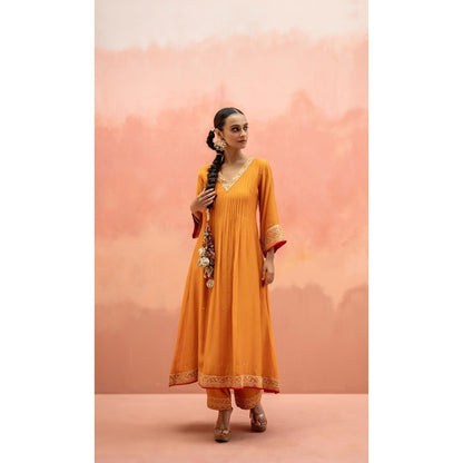 AM by Anita Mittal Sitara A-Line Orange Kurta with Pant and Dupatta